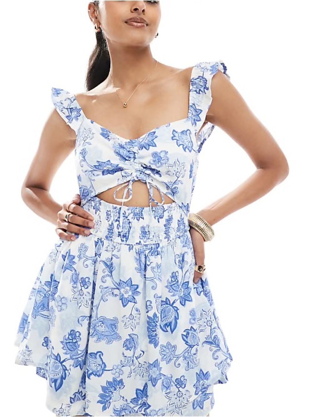 Hollister Blue & White Floral romper with cutout